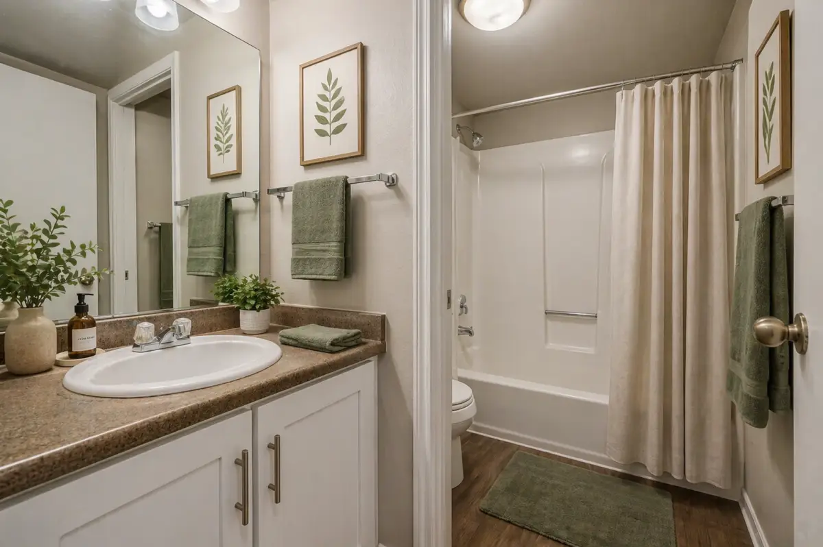 original-5BB2CDC4-43A1-45CC-8A92-A82A351C9BC0 Bathroom with a white vanity, large mirror, green towels, and a curtained shower-tub.