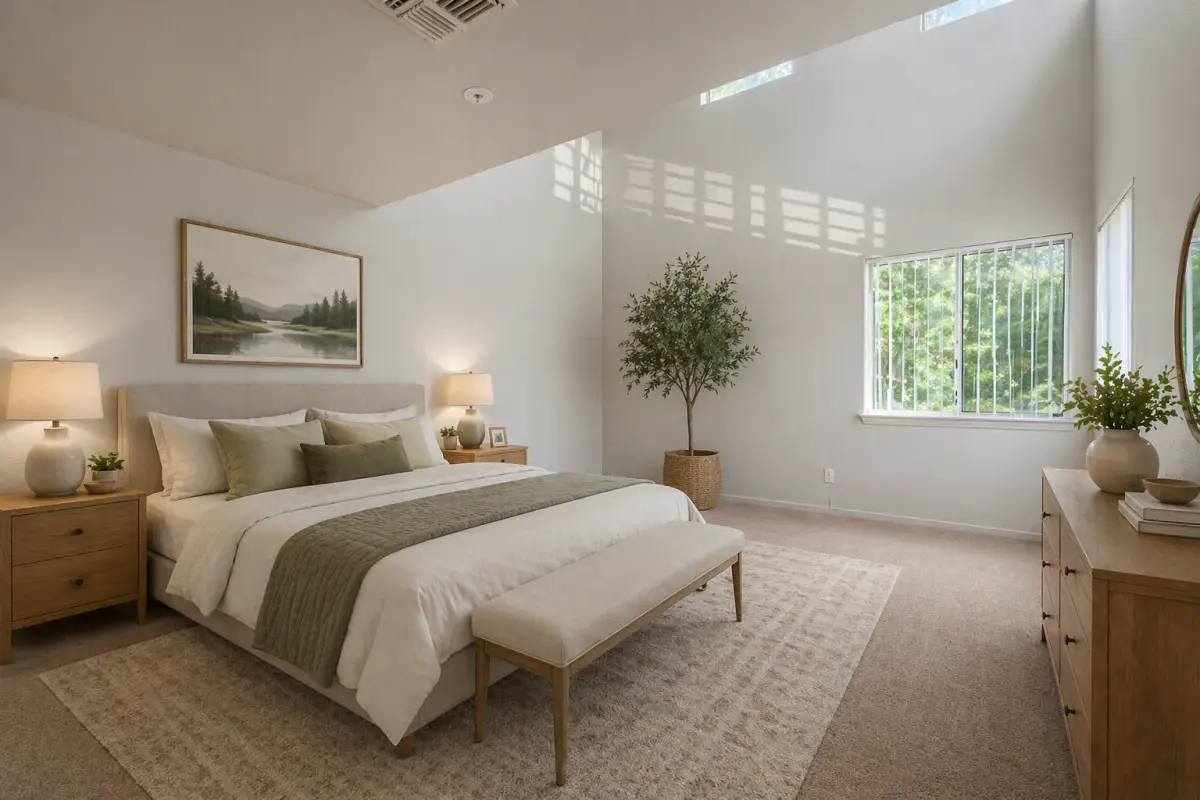 original-6736442A-3C99-414A-BB6F-CD25975C7D4D aulted bedroom with a white bed, green accents, wood furniture, and a large window.