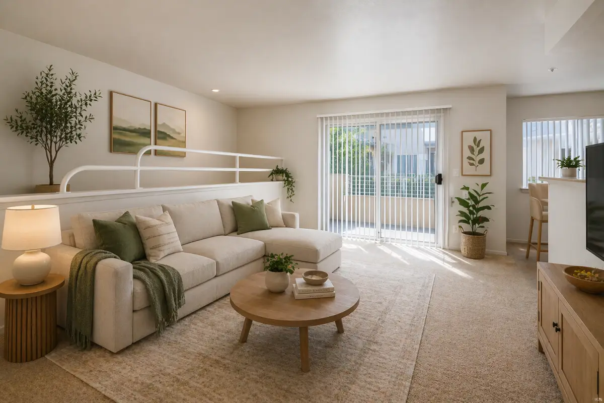 original-D0666B30-7EC8-4CA7-A970-0B6CCC6B786B Bright living room with a white sofa, wood coffee table, and sliding glass doors.