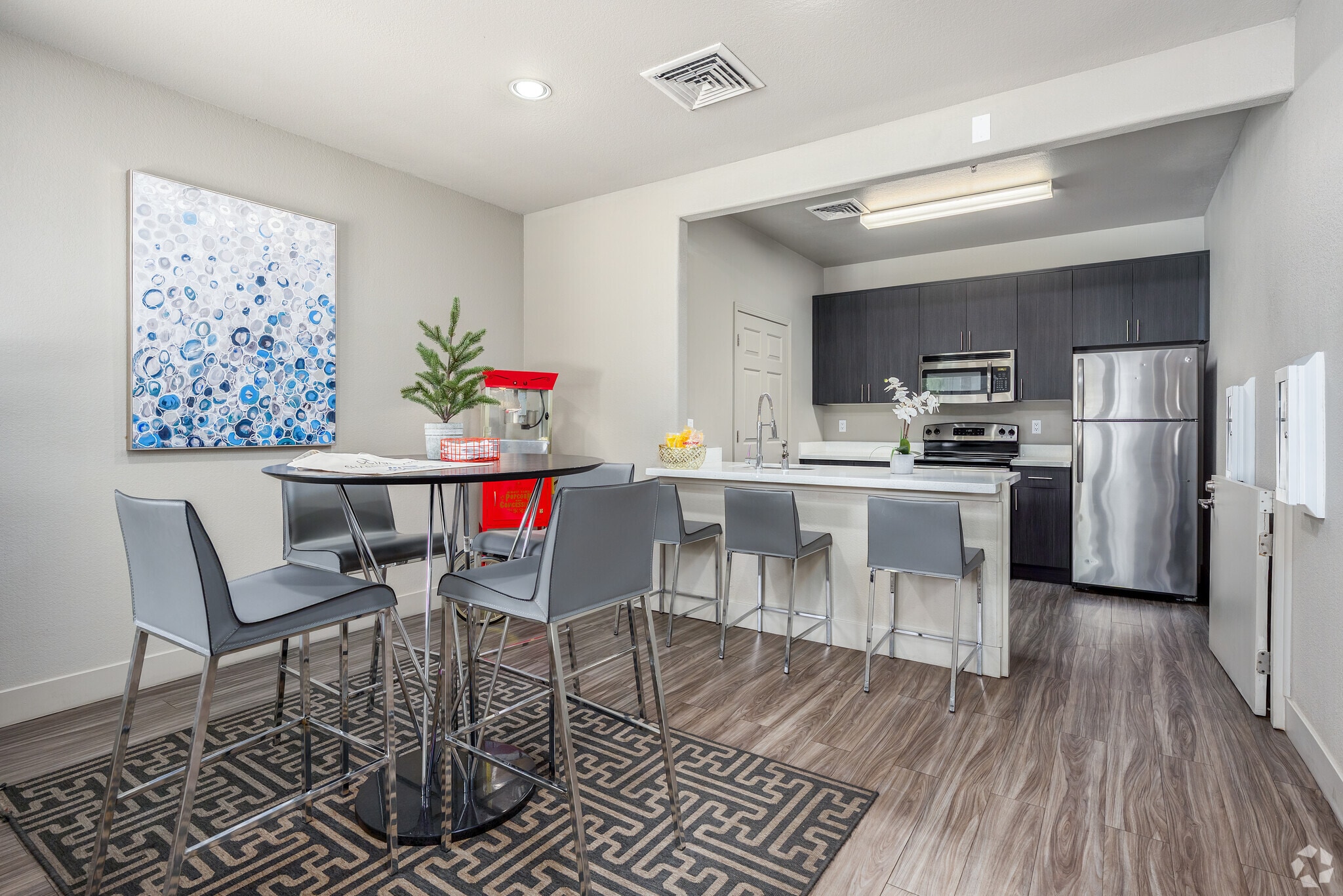 Community clubhouse kitchen and dining area with bar seating and stainless steel appliances