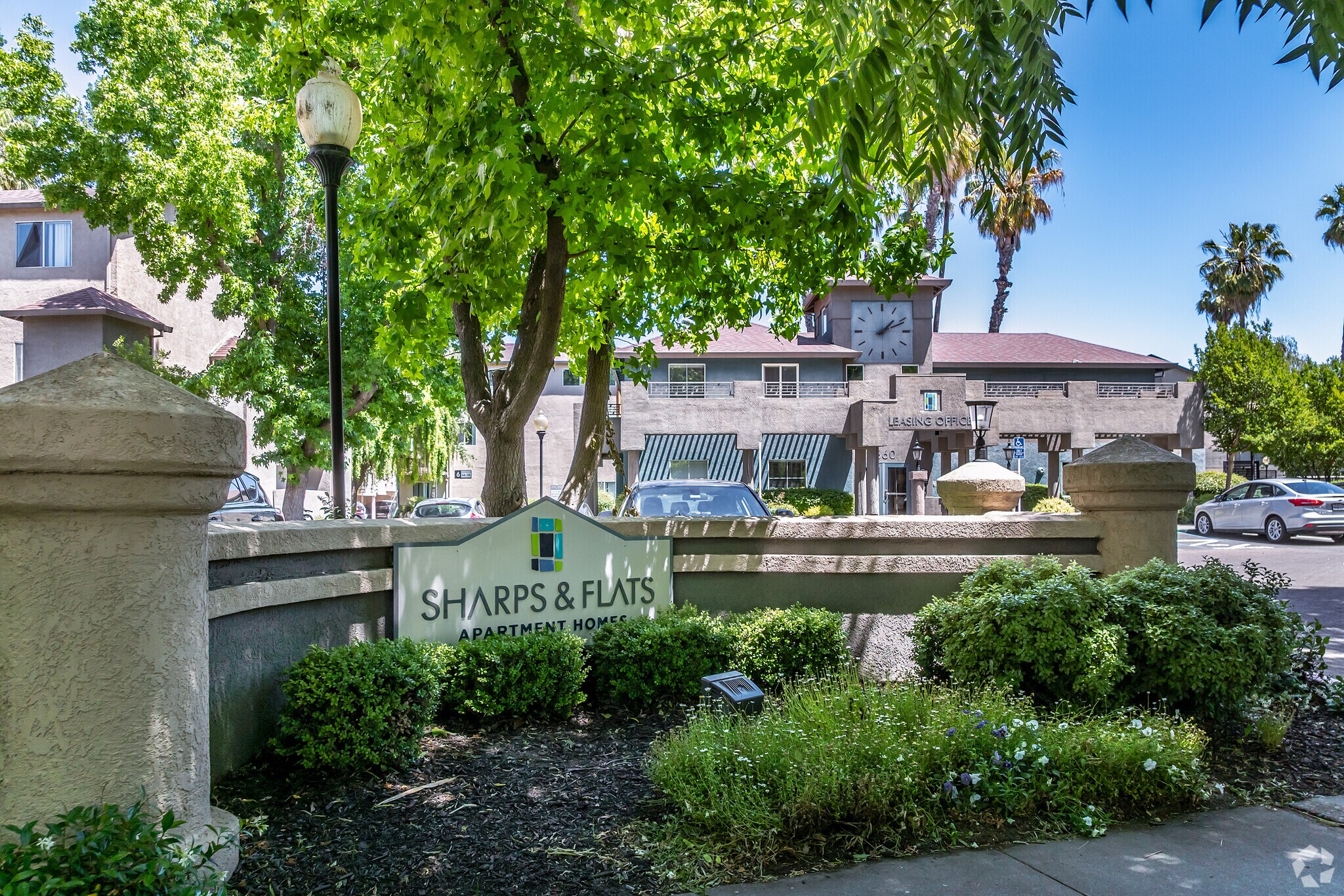 Sharps & Flats leasing office sign and entrance at student apartments in Davis, CA framed by trees